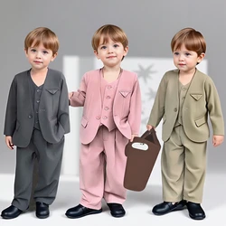 Suit for Boys Fashion V-neck Jacket Waistcoat Trousers 3 Piece Toddler Birthday Blazer Set Khaki Casual Children School Uniform