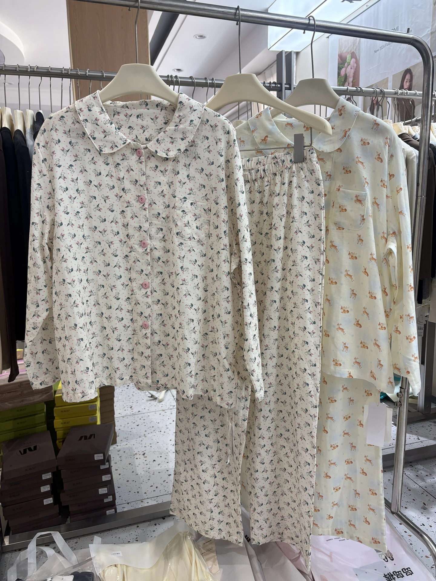 ladies-cotton-sleepwear-long-sleeve-shirt-collar-home-set-cute-cartoon-design-light-weight-skin-friendly-cardigan-style-outfit