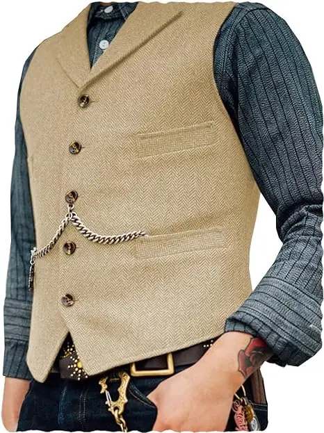 Mens Suit Vest Lapel V Neck Wool Herringbone CasualBusiness Vest Waistcoat Groomman For Wedding Wool Tweed Business Waistcoat