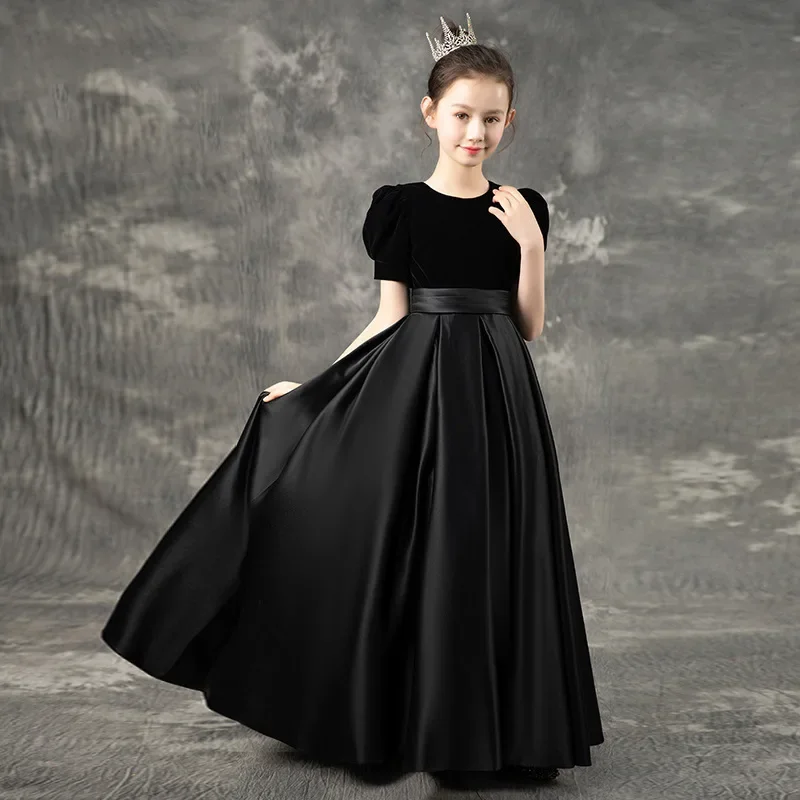 2024 elegant Stain Velvet Long Girl Dress For kids Children Pageant Ball Gown Wedding ceremony party piano Costume 12 14 Years