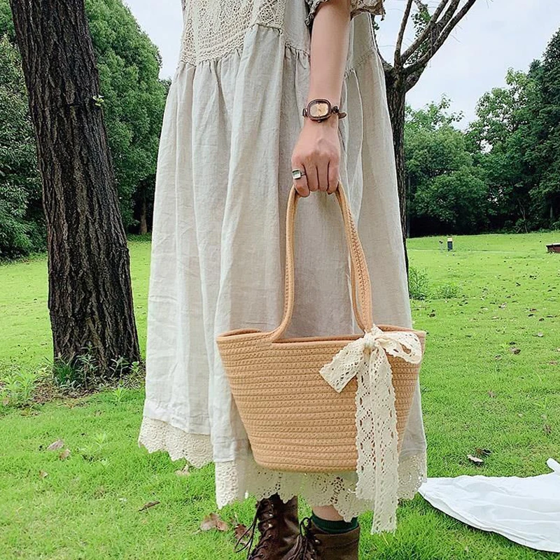 Grande Capacidade Beach Woven Bag, versátil bolsa, corda de algodão, Lace Bucket Bag