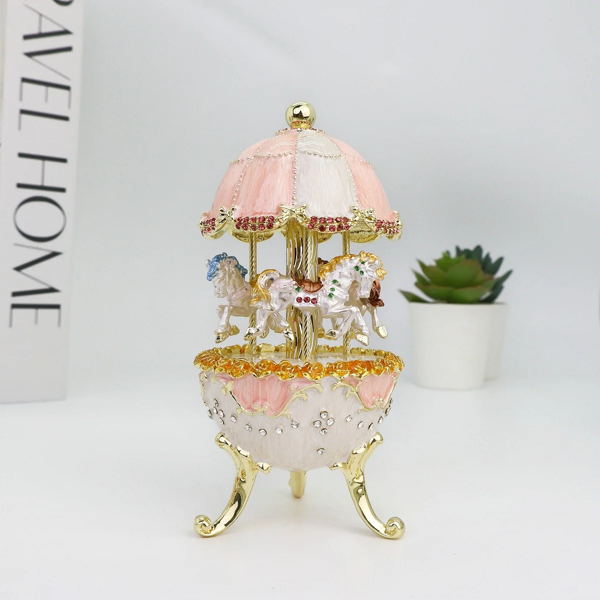 SHINNYGIFTS Classic Enamel Carousel Music Horse Box Musical Carousel Horse Figurines for Birthday Valentines