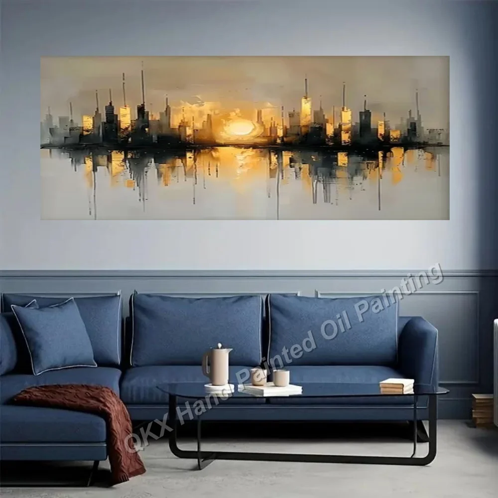 Modern Urban Sunset Impasto Landscape 100% Hand-Painted Oil Painting on Canvas Wall Art Decor for Living Room