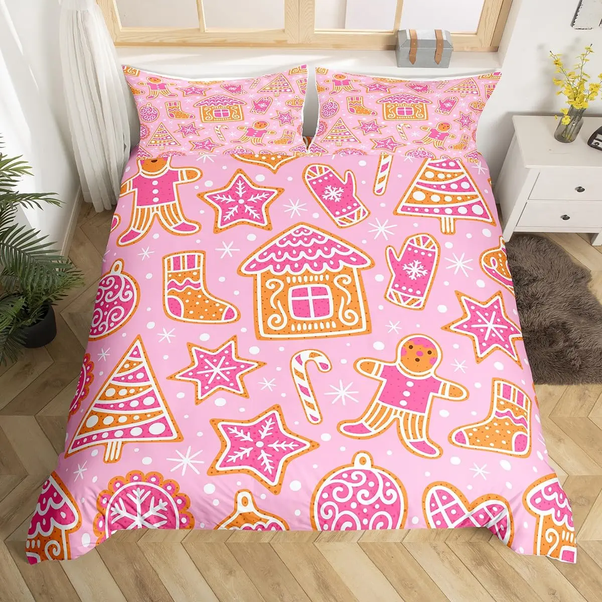 Gingerbread Man Xmas Theme Duvet Cover Christmas Comforter Cover Cartoon Snowman Christmas Tree Bedding Set Pink Quilt Cover