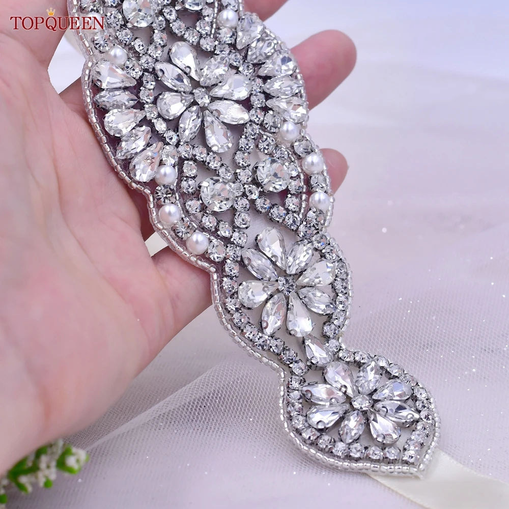 TOPQUEEN S94 Wedding Gown Belt Silver Rhinestone Appliques for Bridesmaid Bridal Bride Evening Dress Women Luxury Crystal Sash