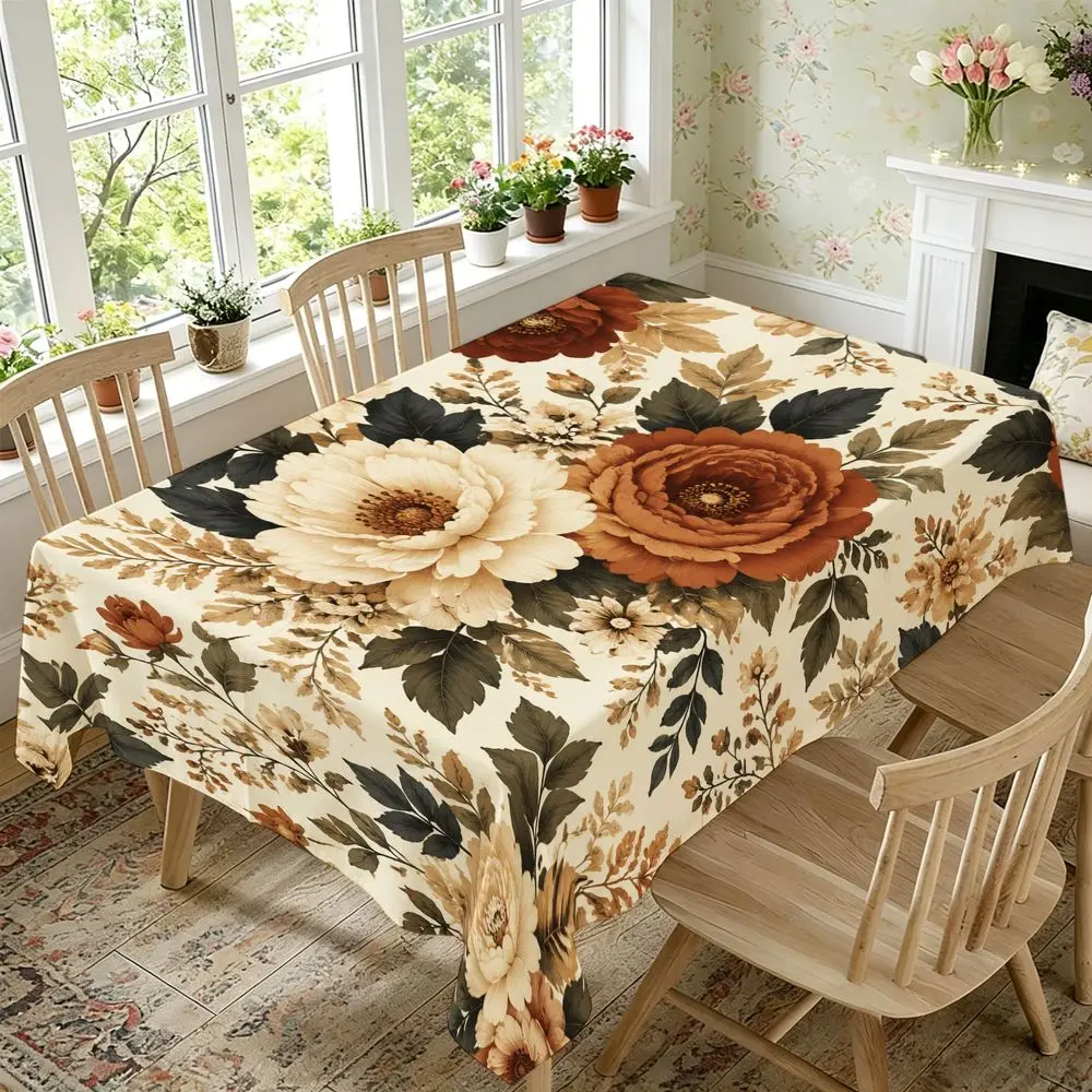Farmhouse Floral Tablecloth Cream Terracotta Peach Flower Print Table Cover - Rectangular Suitable for Dining Room, Soft Botanical Pattern Durable Fabric Suitable for Weddings, Parties, Spring Summer Table Setting, Rustic Kitchen Decor