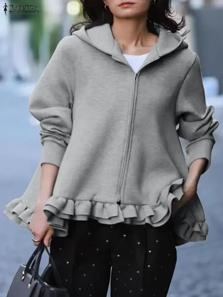 

ZANZEA модные зимние женские толстовки на молнии, кардиганы, пальто, осень 202, джемперы с капюшоном, повседневные однотонные толстовки с рюшами, верхние пальто