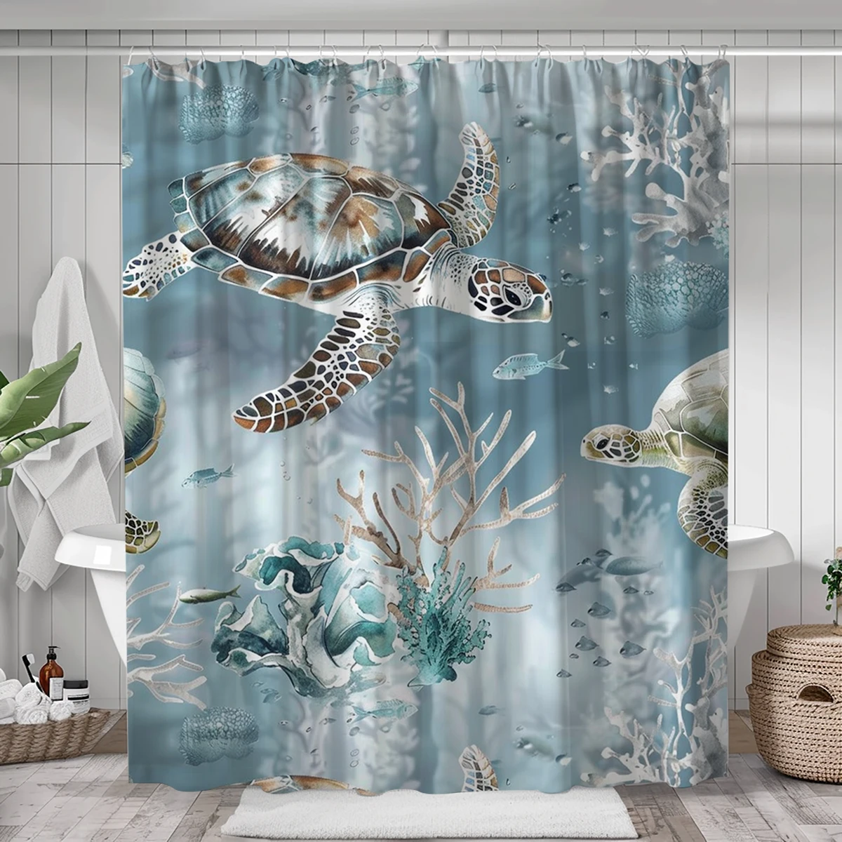 1 pc Sea Turtle Shower Curtain For Bathroom Teal Blue Ocean Beach Coastal Decorative Bath Curtain 71 X 71 Inch Polyester Fabric