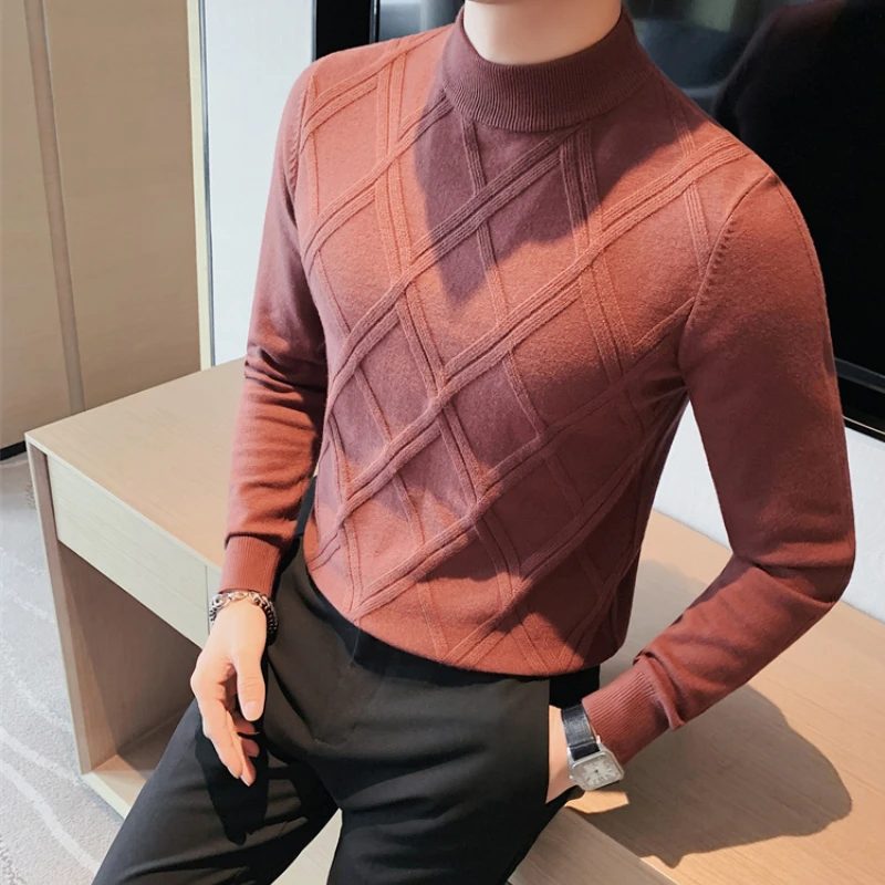 Brand New Men's Cashmere Sweater Diamond Shaped Lattice Half Turtleneck Thick Knit Pullovers Male Slim Casual Knitwear Sweater