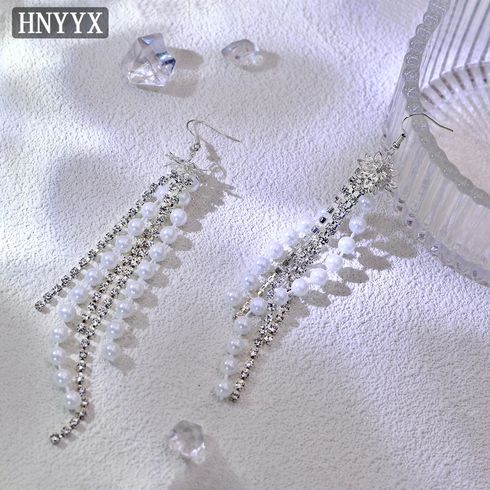 HNYYX anting-anting rumbai mutiara imitasi Korea untuk wanita Aksesori Eardrop geometris kawat telinga panjang berlian imitasi berkilau B01