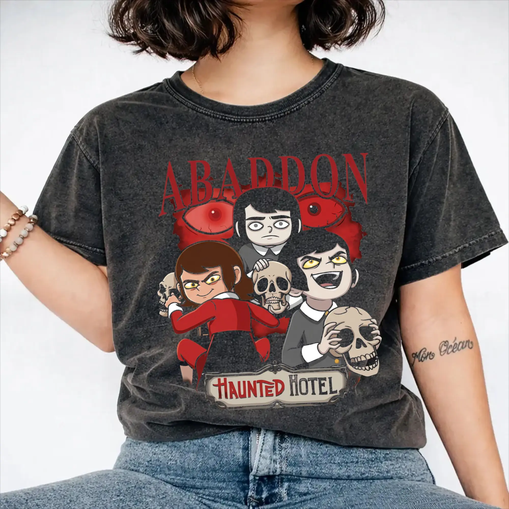Abaddon Haunted Hotel Creepy  T Shirt Hip Hop Washed Short Sleeve Harajuku T-Shirts  Novelty for Men Women Streetwear
