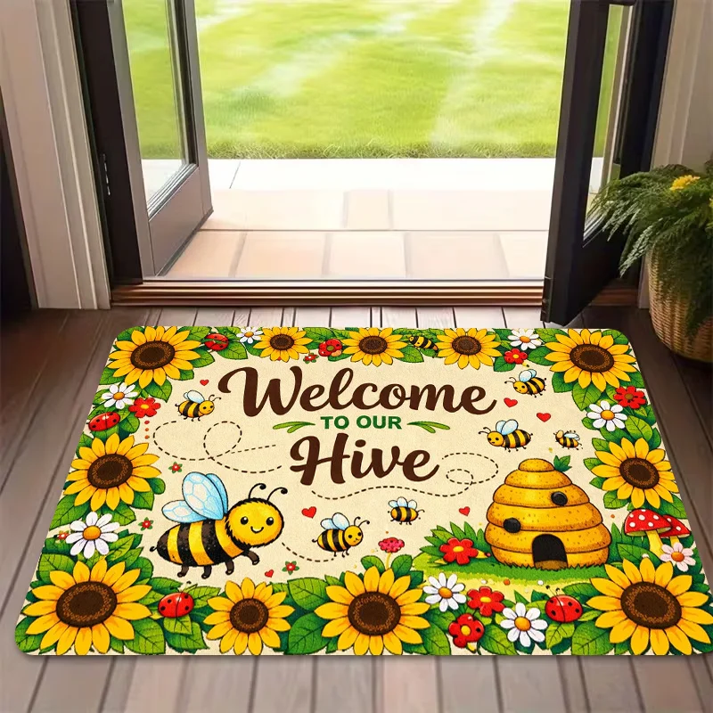 1pc, 2D Flat Printing, Welcome to Our Hive Sunflower Bee Entrance Mat, Perfect for Holiday Dining And Home Decor, Indoor/Outdo