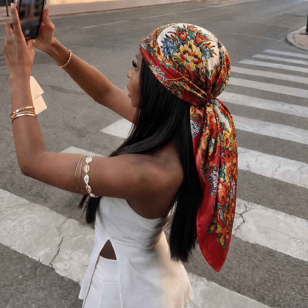 90x90cm Silk Imitation Scarves Thin Breathable Floral Print Square Print Scarves Multi-Function Smooth Silky Feel
