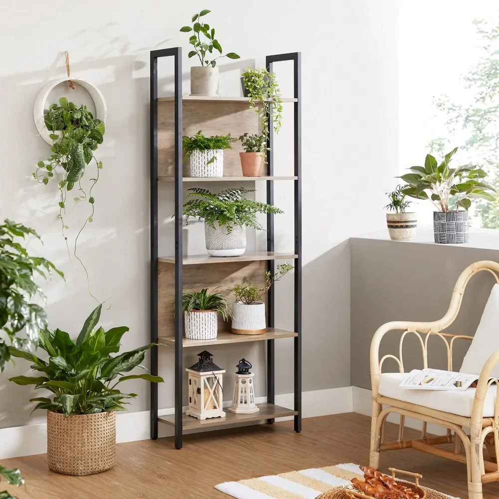 

5Tier Bookshelf, Book Shelf, Industrial Bookcase, With Steel Frame, For Living Room, Home Office, Bedroom, 9.4 X 24.4 X 65 Inch