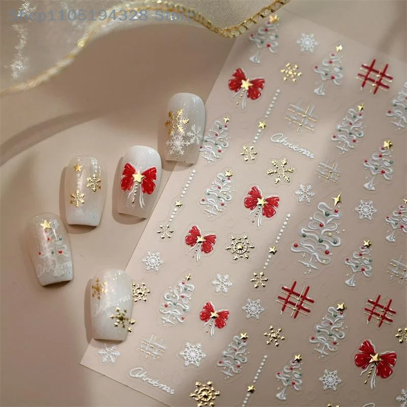 [MP]1 Pcs Christmas Style Cute White Snowflake Nail Art Stickers Red Bow Embossed Print Festive Nail Decorations