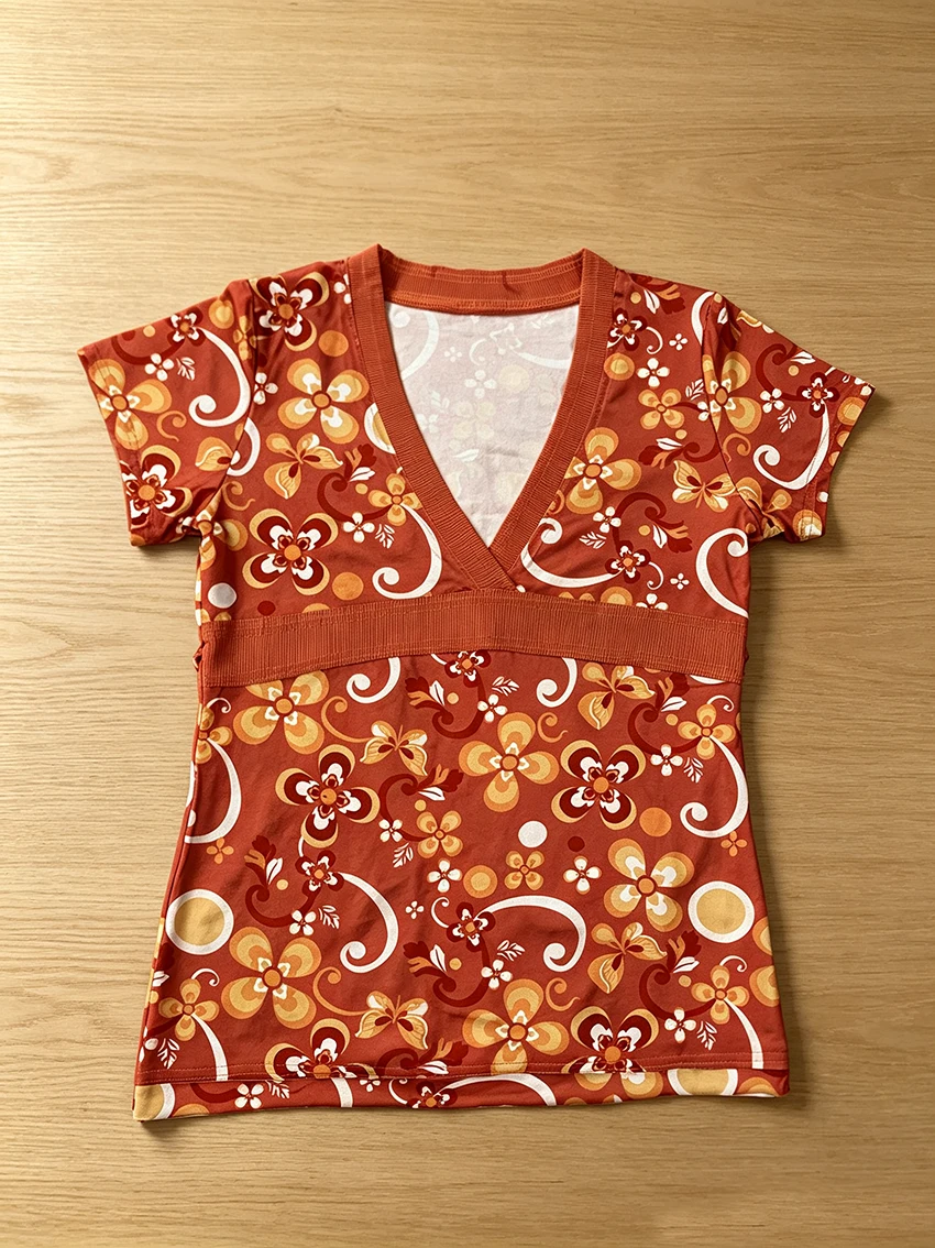 90s Y2K Retro Boho Women Floral Printed Blouse Deep V Neck Short Sleeve Empire Waist Back Adjustable Tie‑Up Summer Fashion Tops