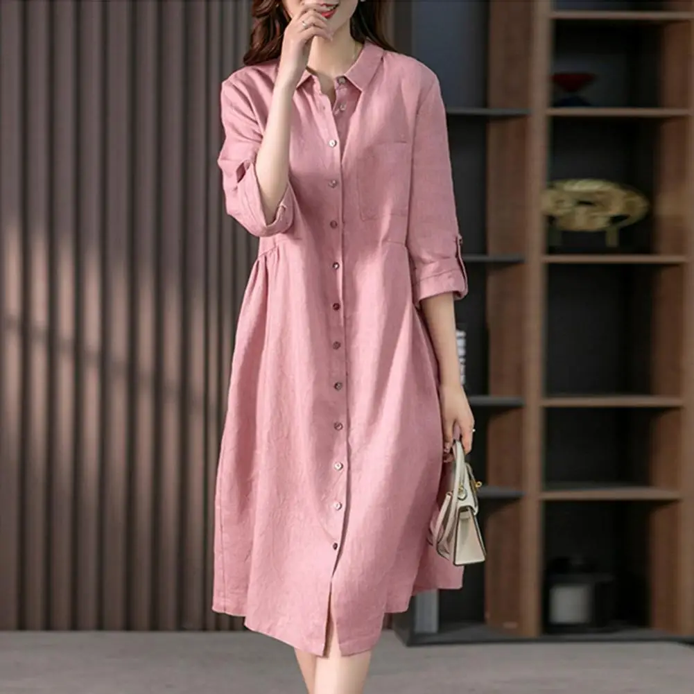 Women Dress Women Solid Color Dress Elegant Lapel Shirt Dress for Women 3/4 Sleeve Midi with High Waist Solid Color Loose Fit