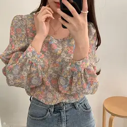 Prairie Chic Elegant Women Spring Sweet Floral Vintage Square Neck Long Sleeved Shirt Loose Chiffon Affordable All-match Tops