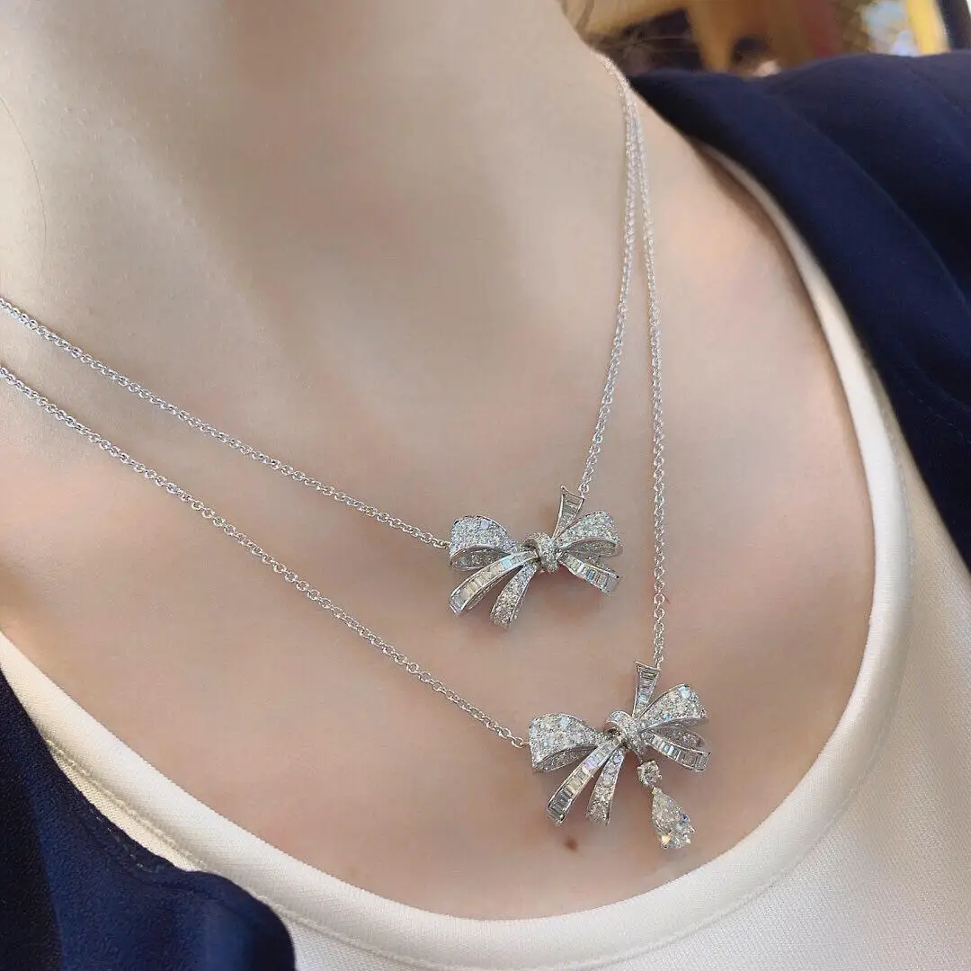 الفرنسية الفاخرة Bowknot موضة المرأة قلادة Tilda's القوس S925 الفضة عالية الجودة مويسانيتي لامعة الساحرة حفلة هدية عيد