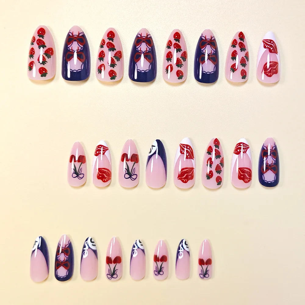 24 faux ongles bleus et blancs, style français, haut de gamme, motif fruit et lèvres, à presser, élégants, portables et amovibles