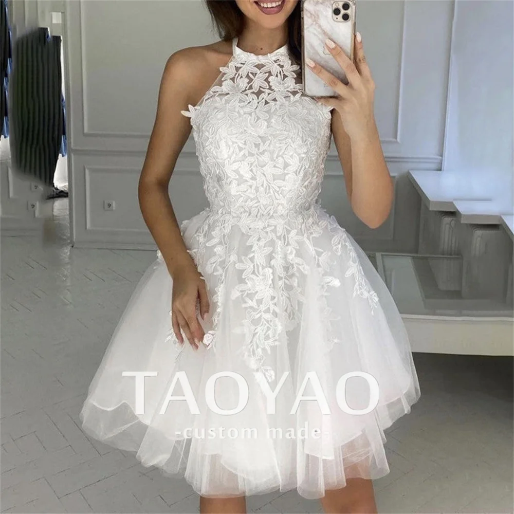 New A Line Evening Dresses Halter Neck Sleeveless Appliques Wedding Dress Tulle Party Dresses Prom Dress Vestidos De Fiesta