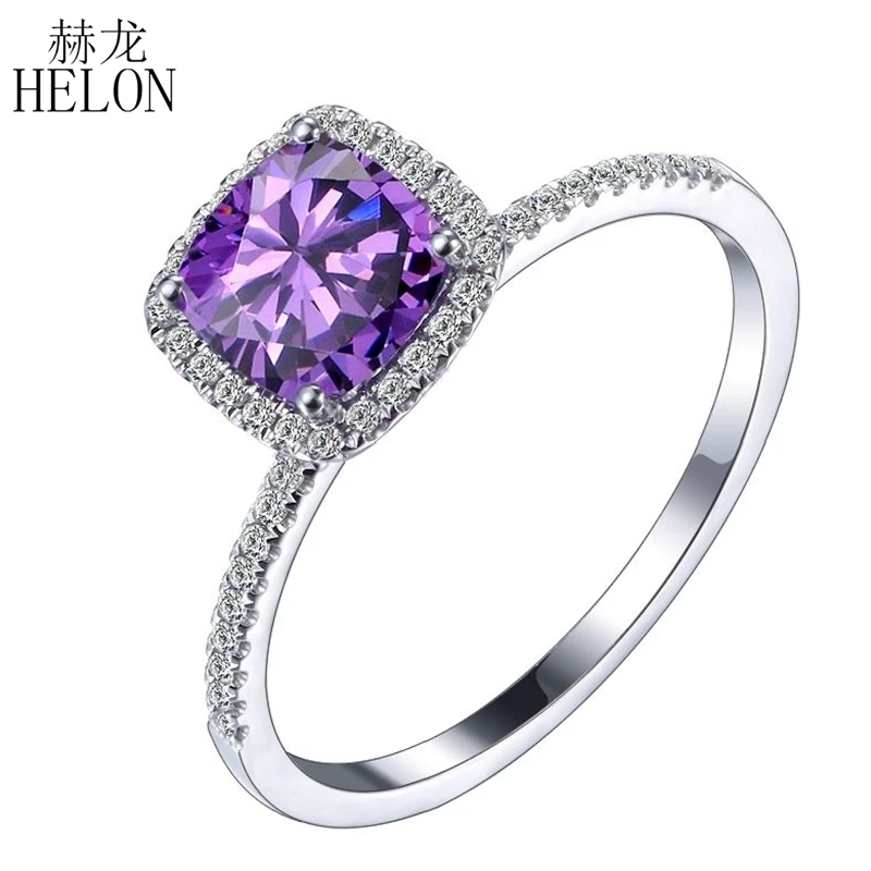 HELON Cushion 6x6mm Amethyst Women Ring Solid 14k 10K White Gold Natural Diamonds Fine Jewelry Engagement Wedding Ring Gift