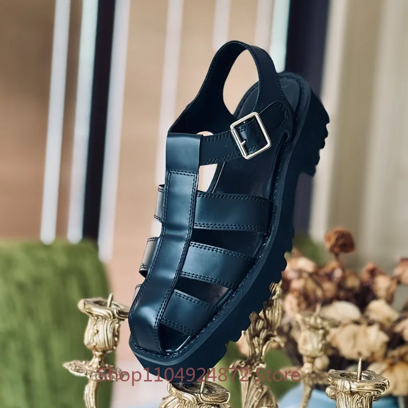 New Summer Fashion Genuine Leather Roman Shoes Men's Sandals Cowhide Thick Shoes Hollow Out Outdoor Casual Beach Shoes Male