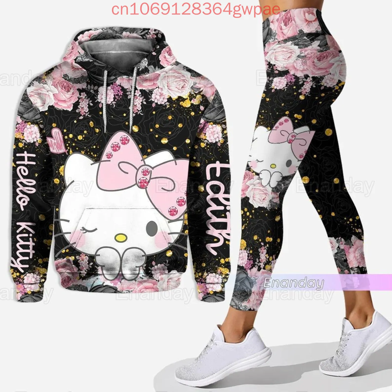 Hello Kitty Damen 3D-Druck Hoodie Legging Set Casual Y2k Damen süße Yoga Hose Sweatshirt Mode Sportanzug