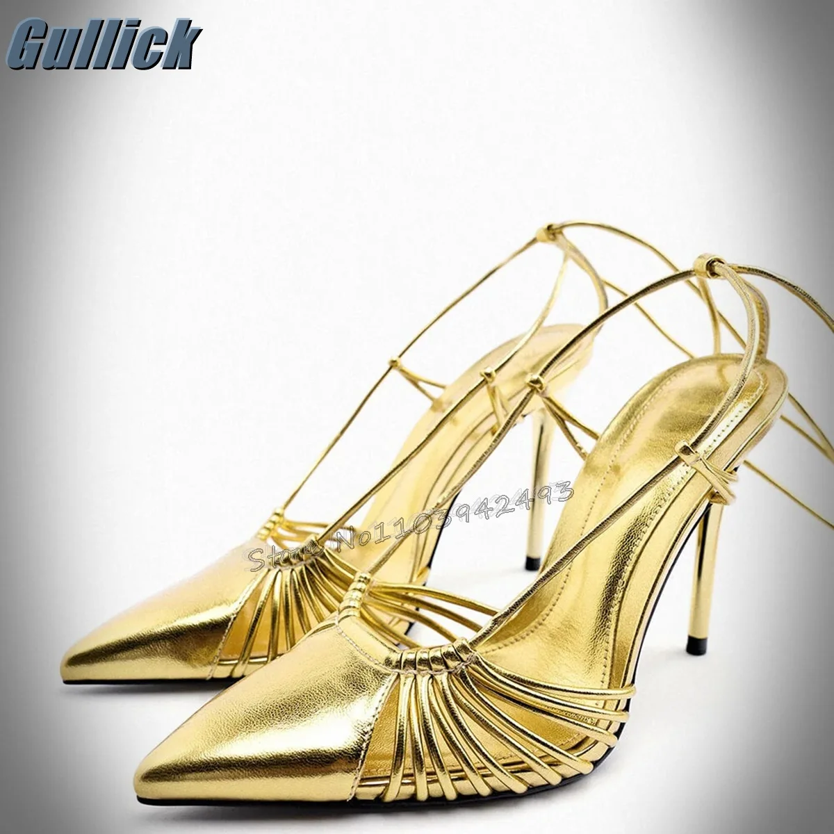 

Lace Up Golden Heels Woven Hollow Heeled Sandals Summer Cross Strap Shoes Women Luxury Designer Shoe Pointed Toe Thin High Heel