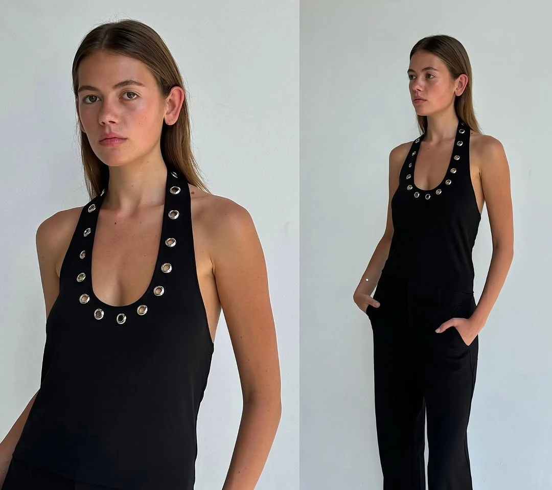 

Honey Honey Black halter neck crop top with silver perforated detailing