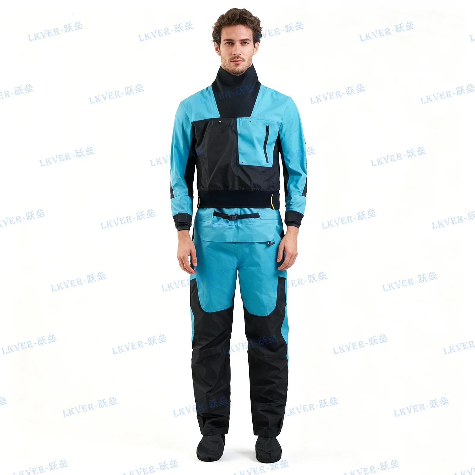 Men's dry suit with waterproof breathable three-layer fabric, latex collar and cuffs, integrated socks, comfortable and dry.