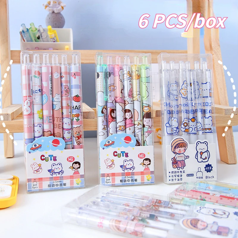 6 Pcs/box, Kawaii Stationery, Press-operated Gender-neutral Pen, Press-operated Office Signature Pen, Student Stationery