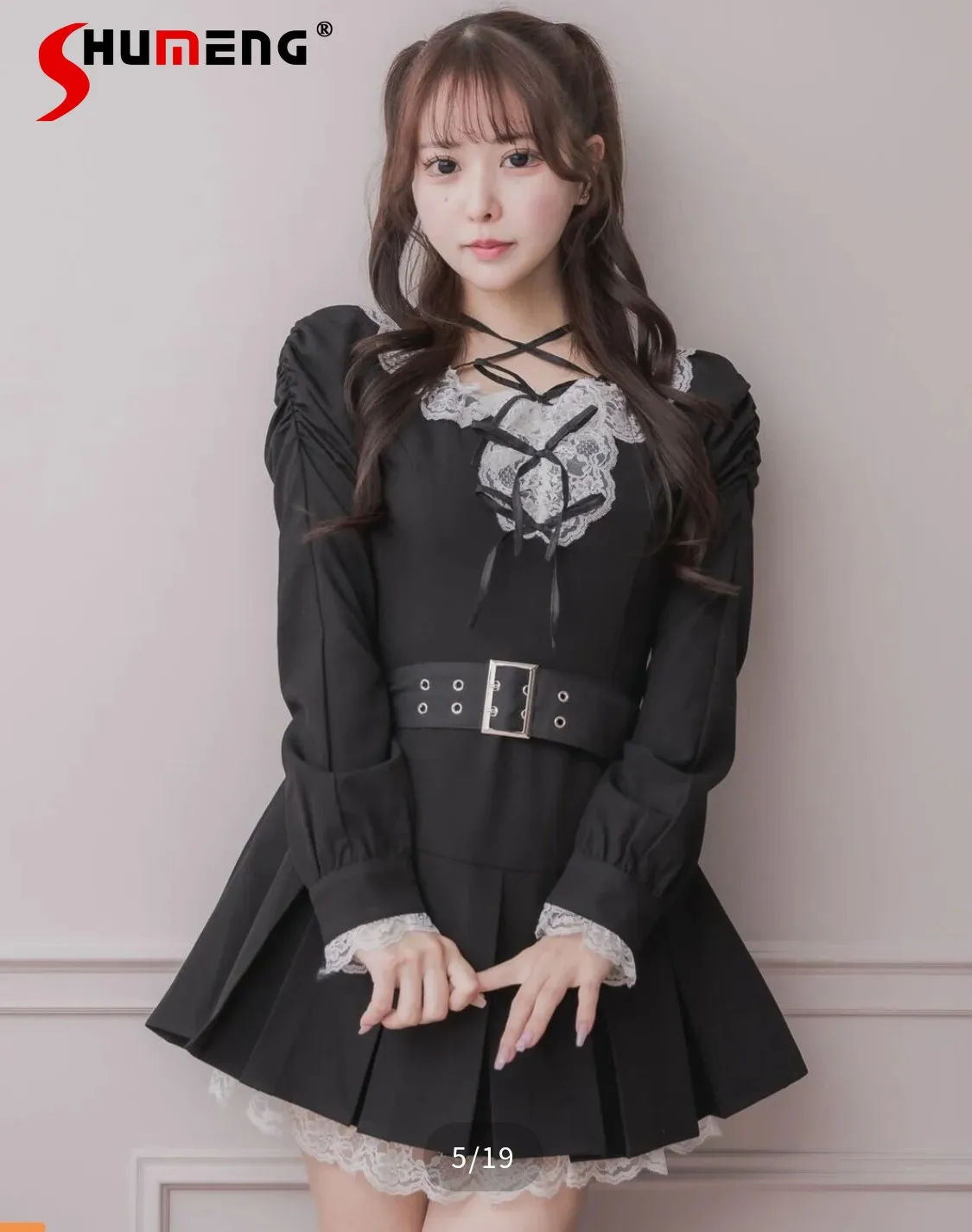

Japanese Style Elegant Sweet Square Collar Long Sleeve Lace Patchwork High Waist Belt Slim A-line Pleated Mini Dress for Women