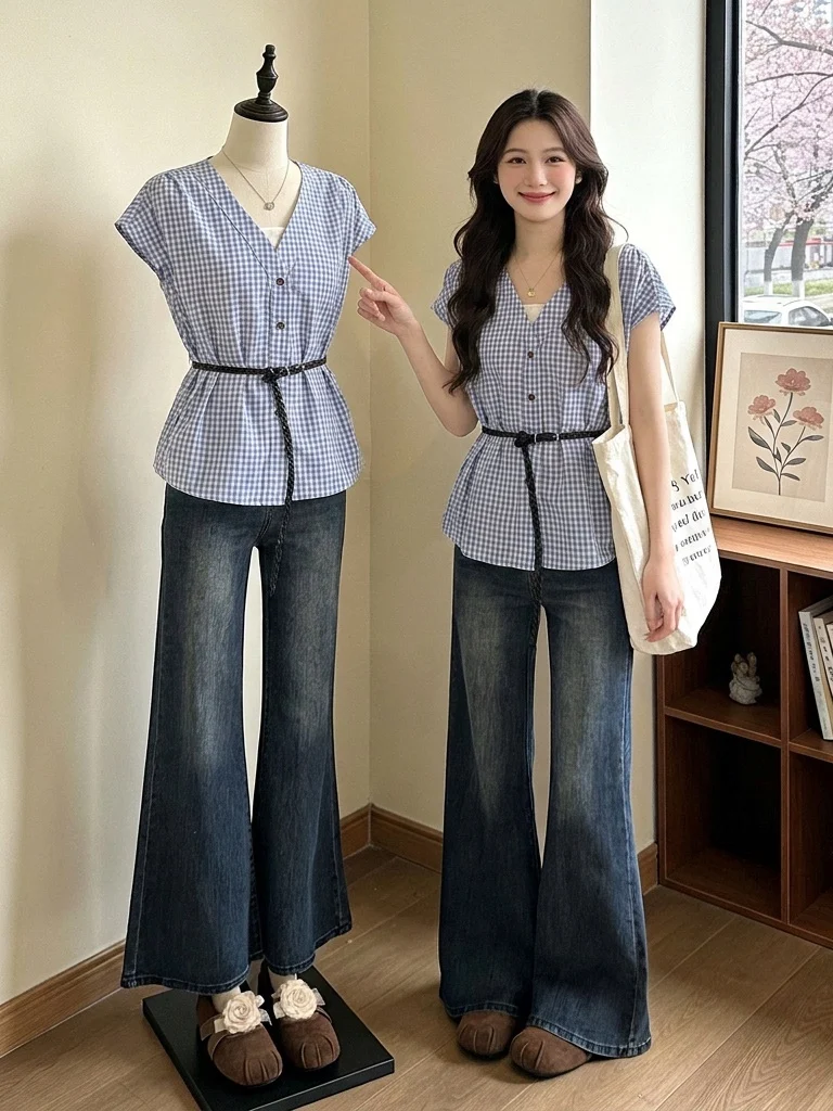 

Light Blue Plaid V-Neck Short Sleeve Shirt Women's plus Size Summer New Style Waist-Cinching Top Korean Style Commute Wind