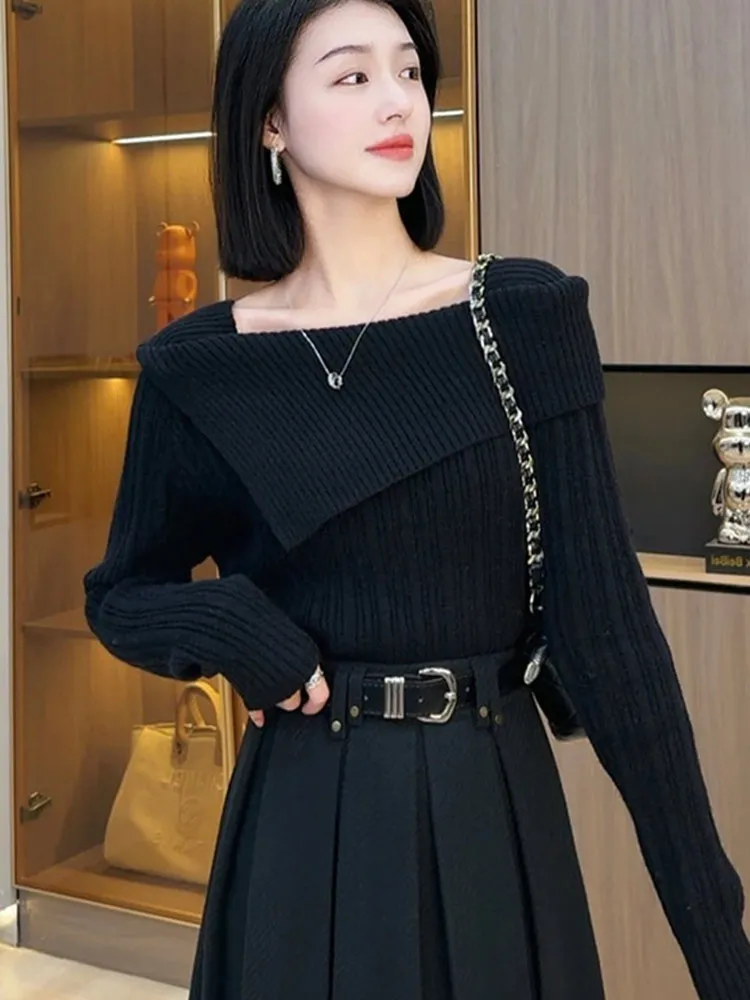 Wygodny sweter z dzianiny w jednolitym kolorze, długi rękaw, asymetryczny krój na jedno ramię, wyszczuplający, nowy, elegancki, do pracy, moda koreańska...