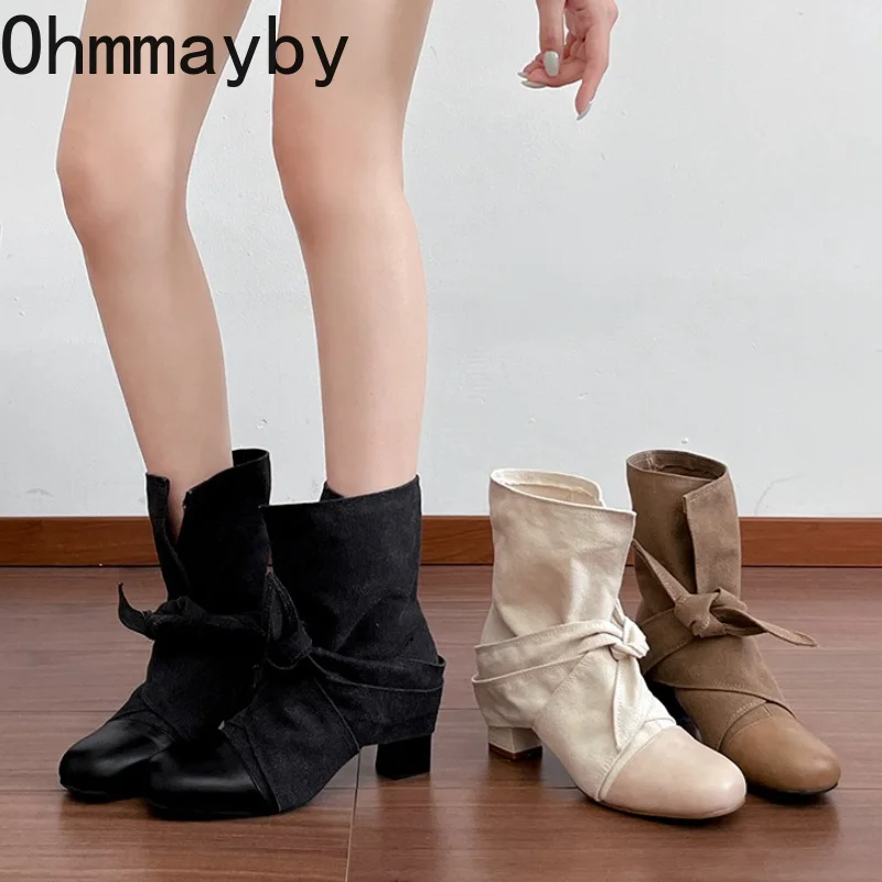 Bottines courtes pour femmes à bout rond en daim épissé avec nœud papillon et bride croisée, talon carré, pour l'automne et l'hiver, usage quotidien