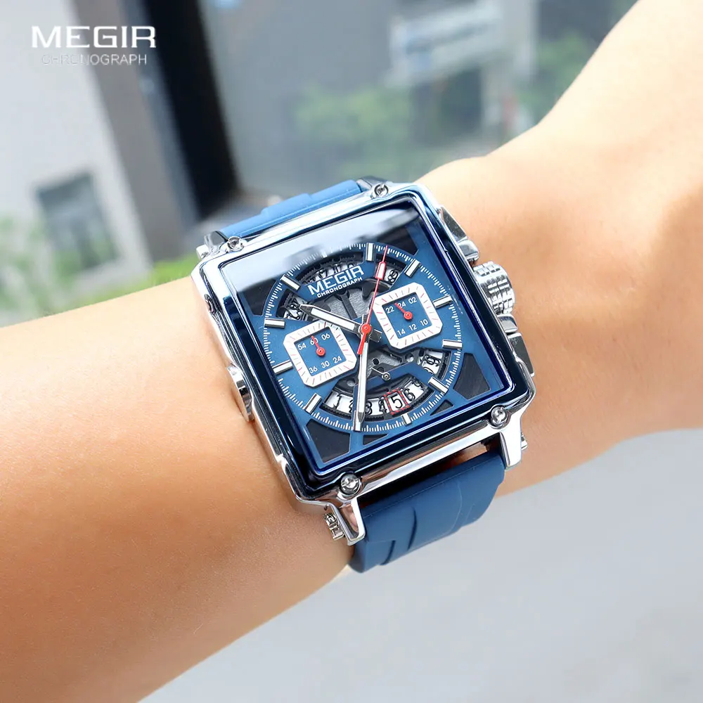 Megir Vierkante Wijzerplaat Sport Quartz Horloge Mannen Mode Waterdicht Lichtgevend Polshorloge Met Chronograaf Datum Blauw Siliconen Band 2233