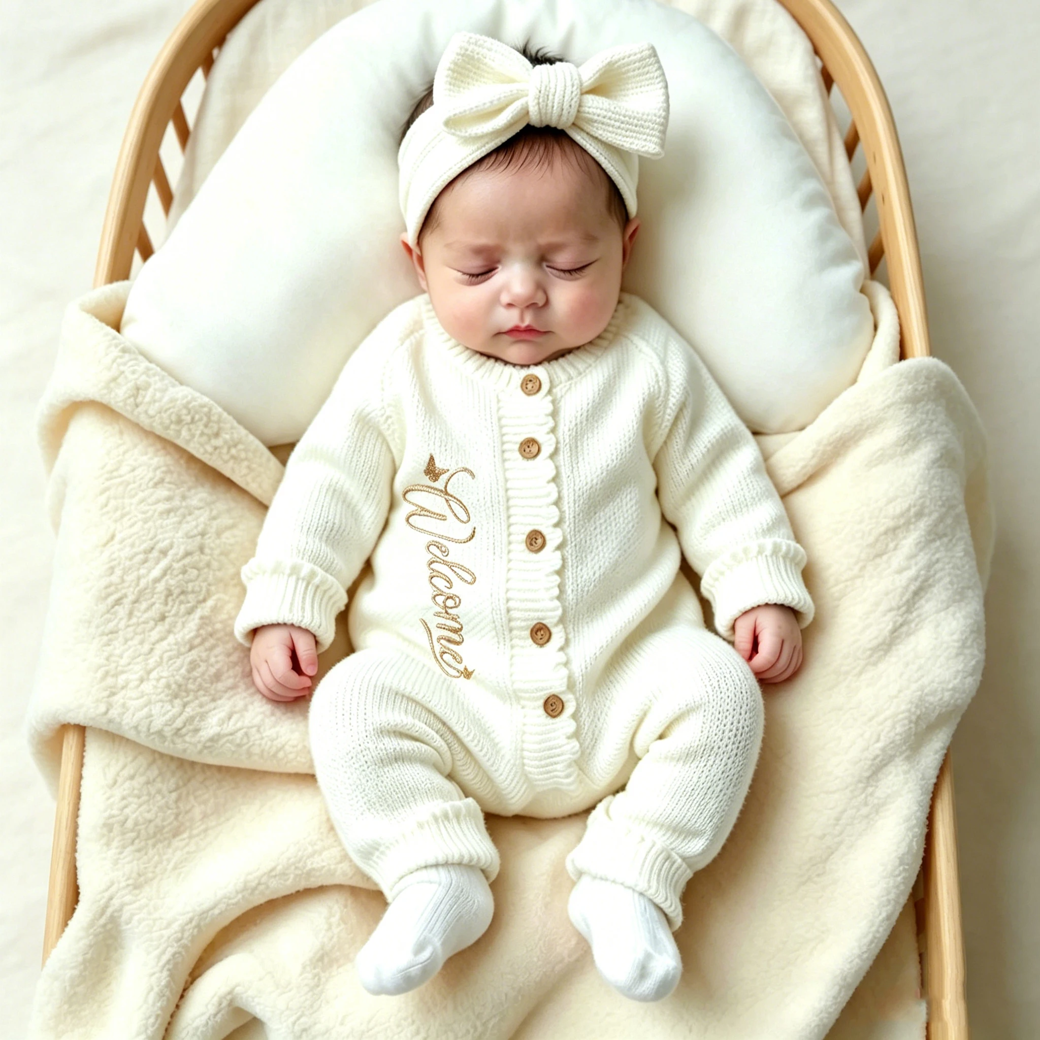 Ylsteed 2Pcs Newborn Knitted Outfit With Bow Headband, Welcome Embroidered Baby Romper For Photo Shoot & Daily Wear 0-3M