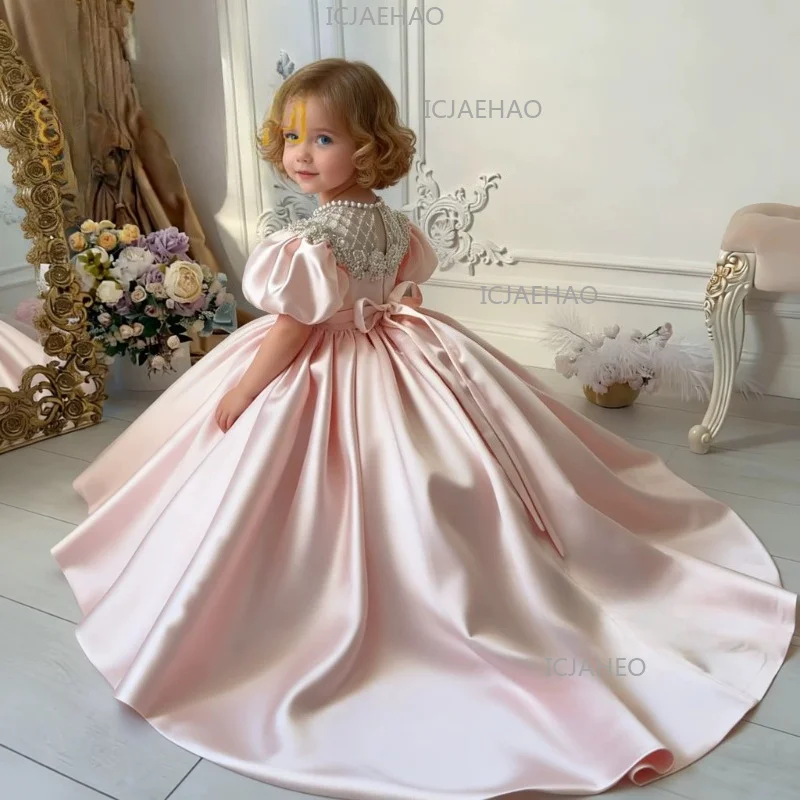 Children Pink Puff Sleeve Gown Birthday Party Banquet Elegant Gown Satin Long Full Skirt Beaded Sweep Train Girls Princess view 3