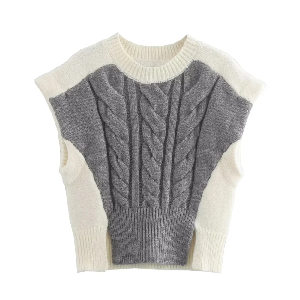 

Autumn new simple and versatile color blocked cable weave sleeveless round neck knitted vest vest vest vest