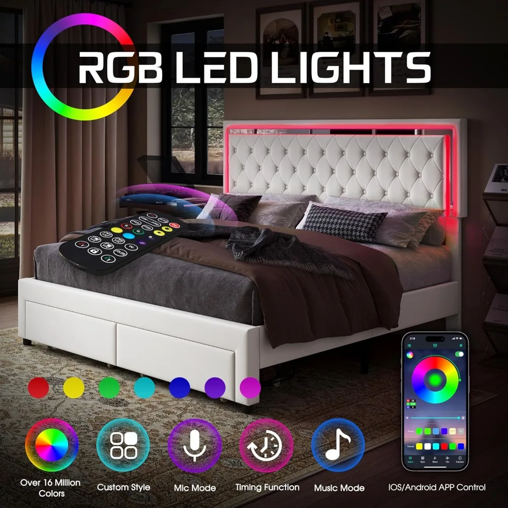 Bed Frame with LED Lights&Storage Drawers,Velvet Upholstered Platform Bed,No Box Spring Needed