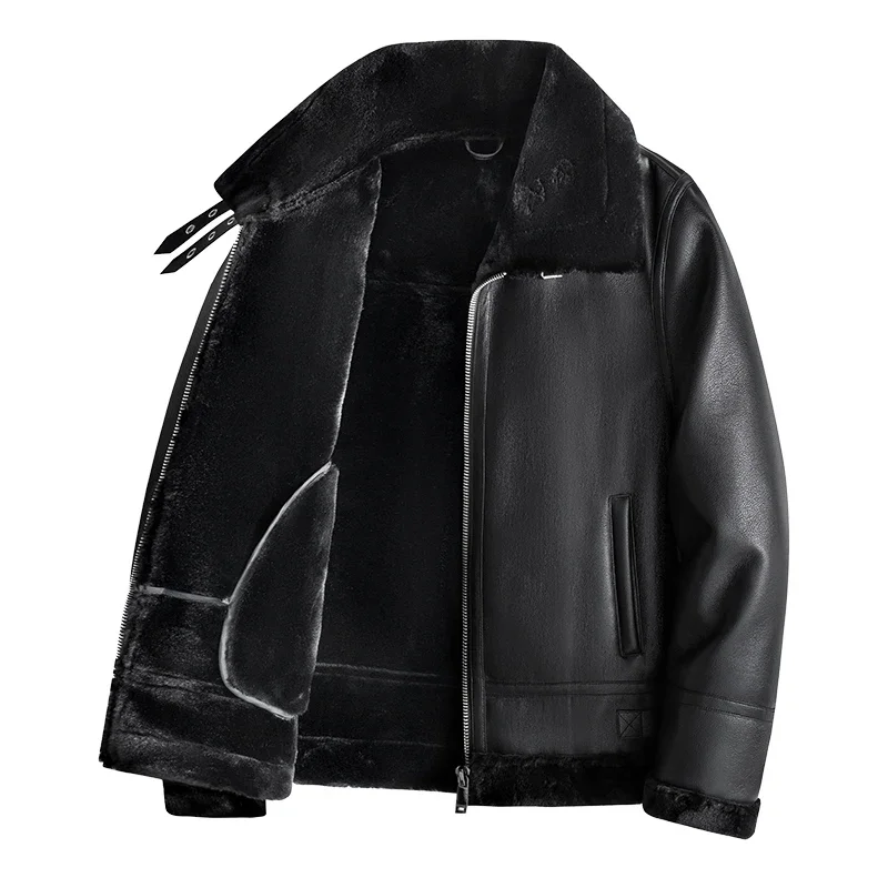 

2025 Lamb Cashmere Solid Color Leather Jacket Zipper Men Fleece Plus Velvet Coats Warm Fashion Brand Male Casual Work PU Jacket