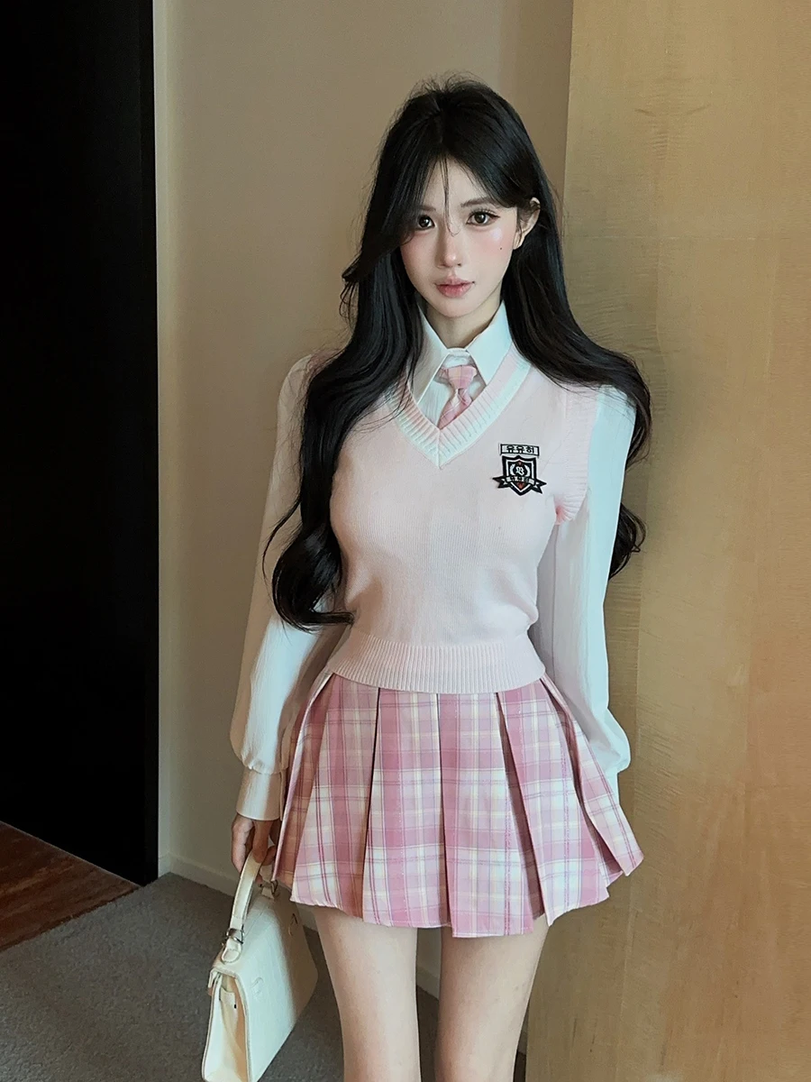 Sweet School Style Pink Vest White  Collar Long Sleeve Shirt Plaid Skirt Set Women's Fashion Autumn Outfit Three-Piece Set