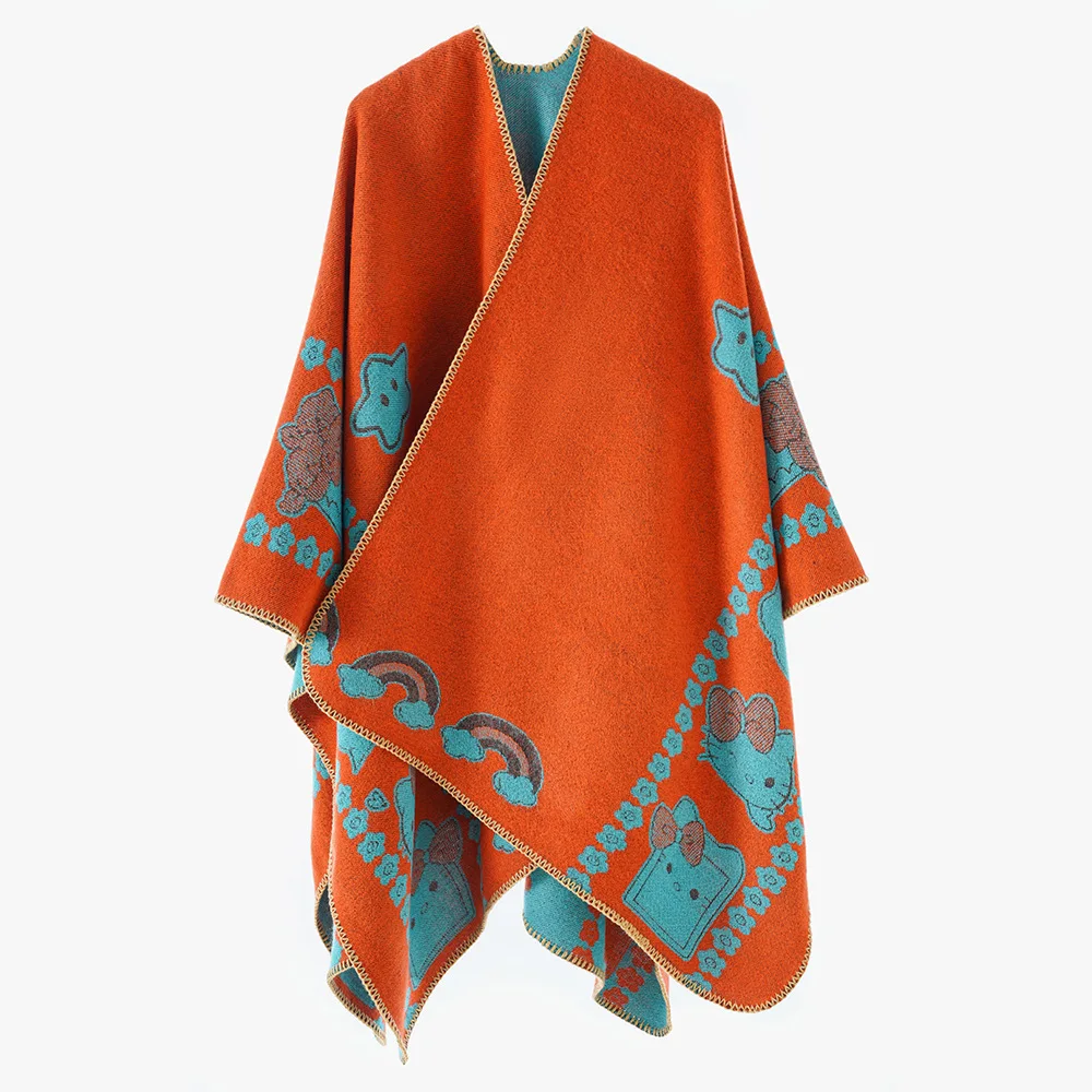 

Cute Cartoon Clouds Long Poncho Women Spring Autumn Leisure Travel Split Cape Outerwear Shawl Summer Nap Blanket Wraps