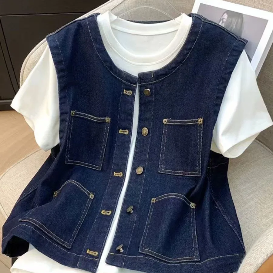 Chaleco Vaquero Retro de Cuello Redondo para Mujer, Top Versátil, Chaleco Holgado sin Mangas, Chaqueta Vaquera para Dama, Chaleco de Punto, Chaleco Mujer
