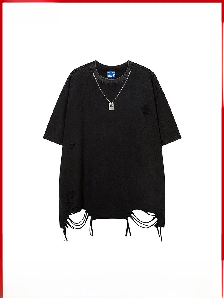 GPstudio American Hip Hop Washed Vintage Hole Short Sleeve T-shirt Men Summer Small Audience Half Sleeve Top Base Shirt
