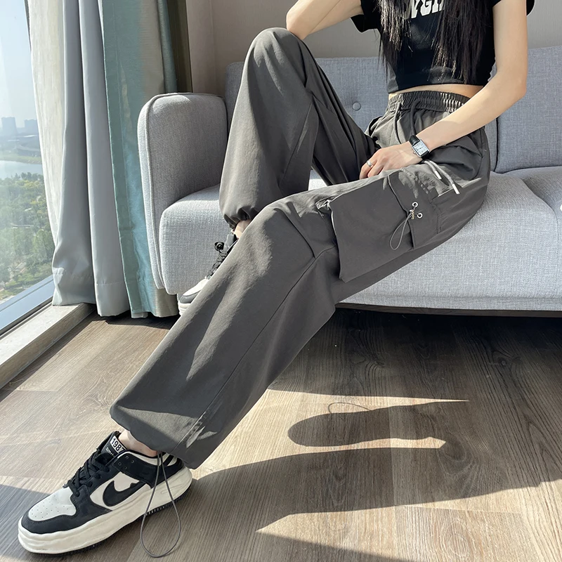 2024 New Arrival Summer Korean Style All-matched Ankle-length Pants Casual Loose Fit Elastic Waist Straight Women's Pants V40