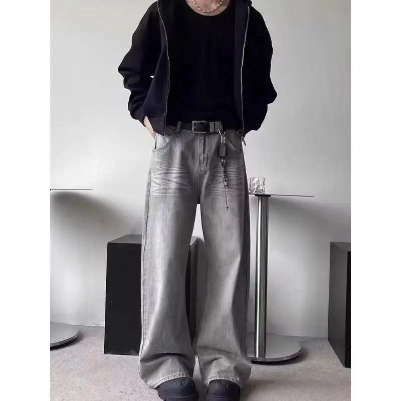 

Американские ретро выцветшие легкие широкие джинсы для похудения длиной до пола, универсальные длинные брюки для мужчин, хлопковая эластичная джинсовая ткань