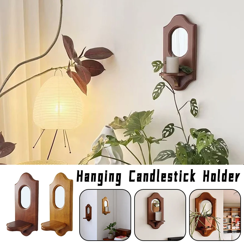 

Vintage Wood Candlestick Wall Mirror Hanging Candle Holder Wall Decoration Wall Rack Wall Mirror With Shelf Home Decoration