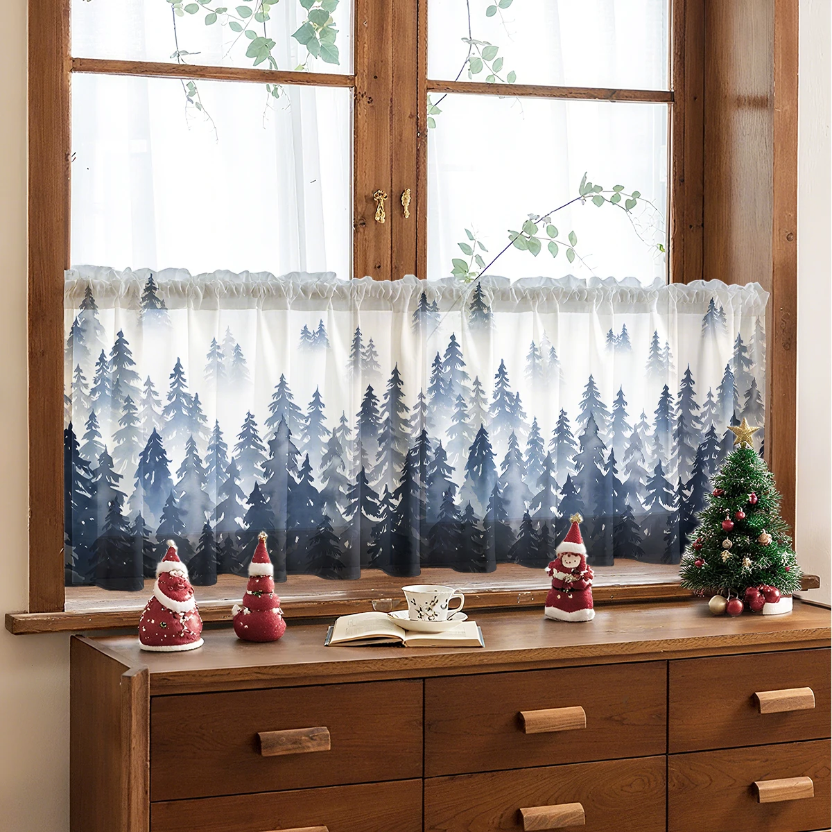1 Piece Pine Forest Kitchen Curtain, Rod Pocket Christmas Decorative Curtain, Suitable for Kitchen, Bedroom, Study, Cafe, Living Room, Home Decoration